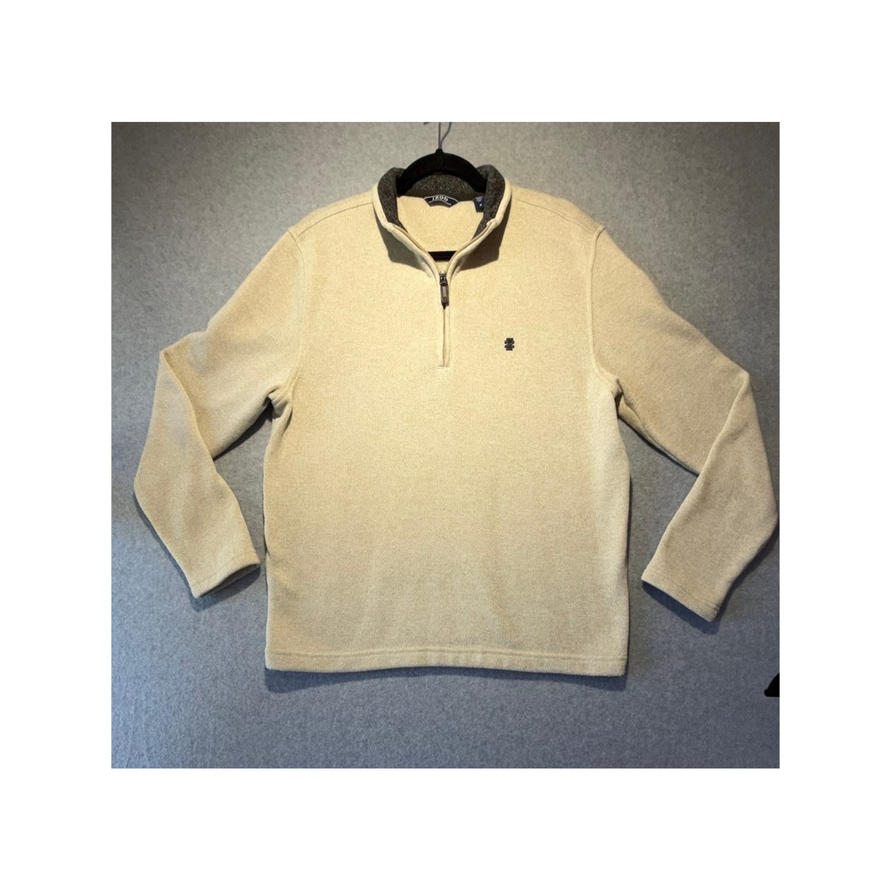 IZOD Mens Quarter Zip Pullover Sweater Tan Oatmeal Heather Fleece Lined Medium